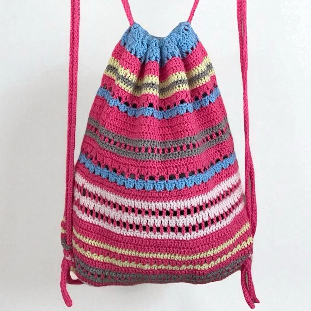 Handmade Boho Unique Crochet Colorful Striped Cinch‎ Sak Backpack Handbag
